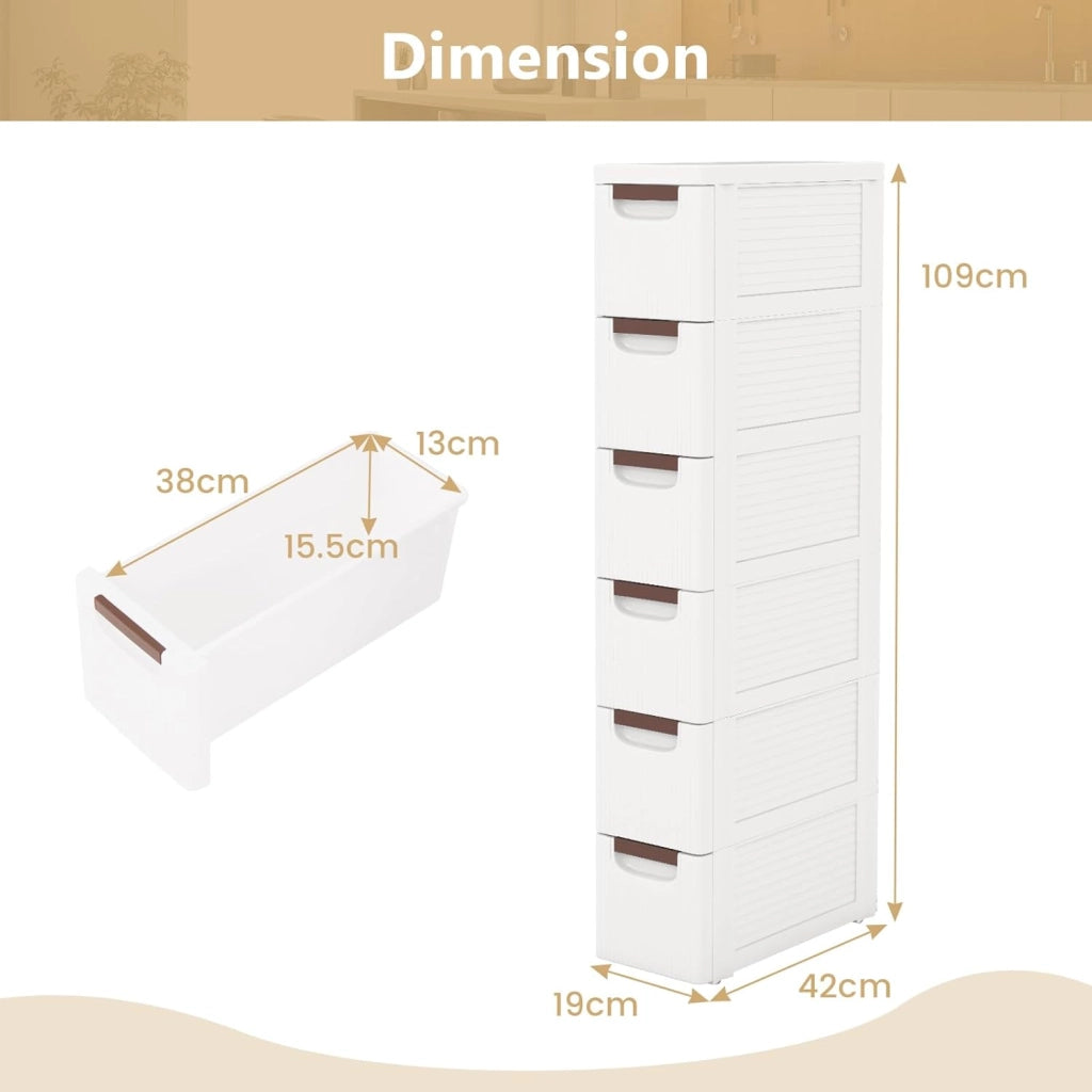 Mobiletto Stretto con Ruote, Carrello e Organizzatore Slim con 3/4/5/6 Cassetti per Spazi Piccoli, Cassettiera di Plastica per Soggiorno, Bagno, Cucina, Bianco (42 x 19 x 109 cm)