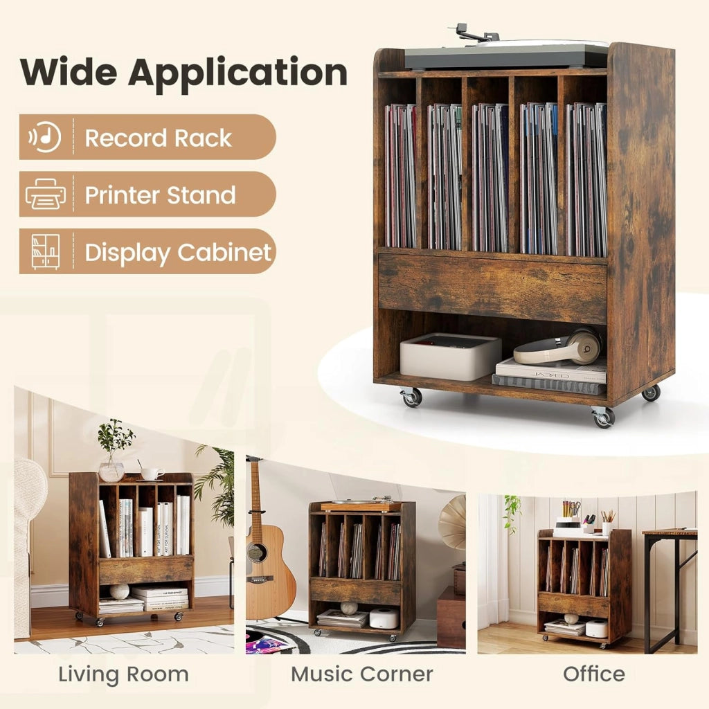 Supporto per Giradischi in Vinile Fino a 180 Album, Mobile Giradischi con Ruote, Mobiletto Portaoggetti con Scomparti Aperti, Cassetto e Ganci per Ufficio, Soggiorno, Studio (Marrone)