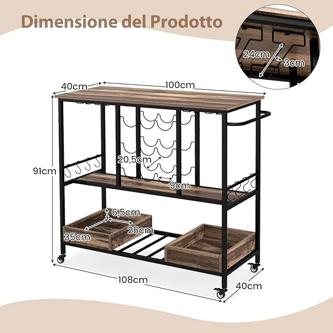 Carrello Bar a 3 Livelli, Carrello Portabevande con Portabicchieri, Portabottiglie, 8 Ganci e 2 Scatole Portaoggetti, Carrello di Vino per Cucina, Sala da Pranzo e Soggiorno