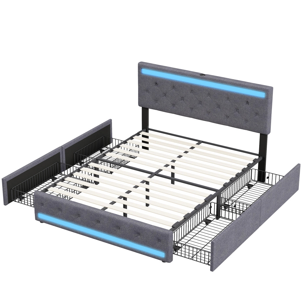 Letto matrimoniale contenitore 160x200 cm con testiera regolabile LED e porte USB struttura letto con 4 cassetti in legno lino grigio