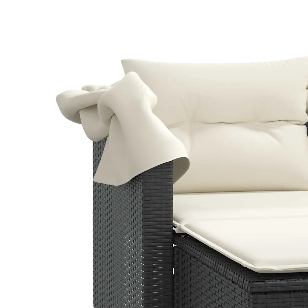 Divano Giardino 2 Posti Baldacchino e Sgabelli Nero Polyrattan 365780