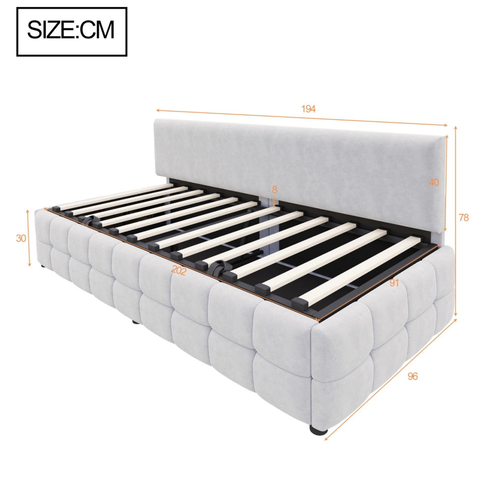 Letto singolo imbottito 90x200 cm con vano contenitore, grigio chiaro