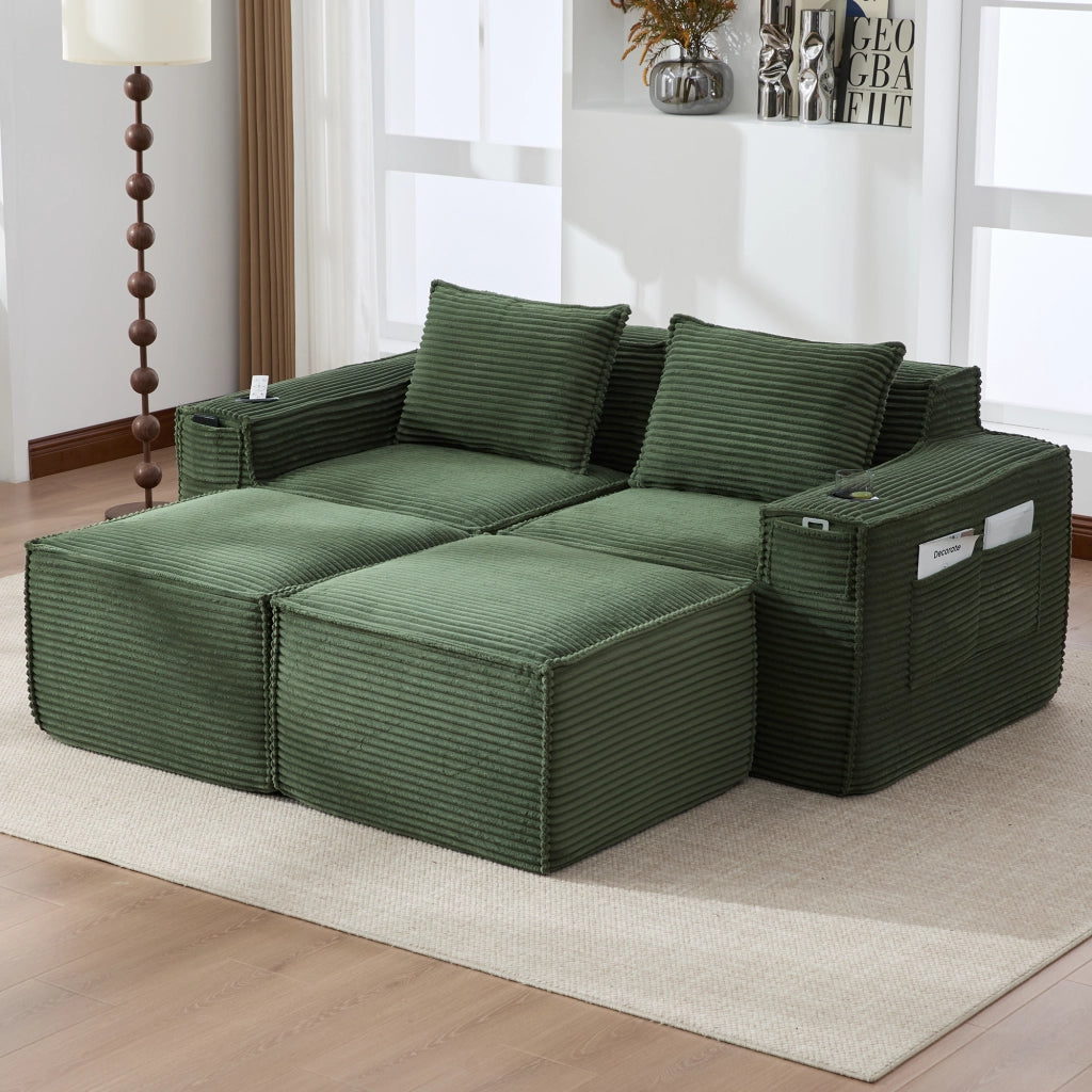 DIVANO Modulare 2 posti 188x162x75 cm Velluto a coste Verde con 2 pouf