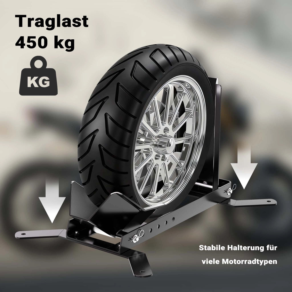 Cavalletto blocca ruota moto max 450 kg, per pneumatici anteriori e posteriori da 14-21", reggi-ruota inclinabile