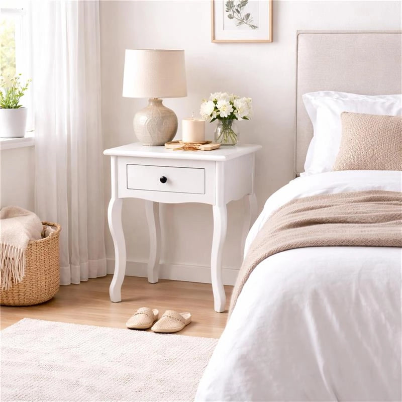 MA MAISON COMODINO BIANCO IN LEGNO, TAVOLINO DA NOTTE SHABBY CHIC CON CASSETTO ESTRAIBILE PER CAMERA DA LETTO E SALOTTO