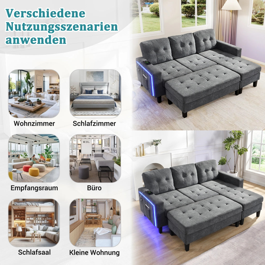 DIVANO LETTO ANGOLARE L-Form 156x115 cm Chenille Grigio con LED e USB