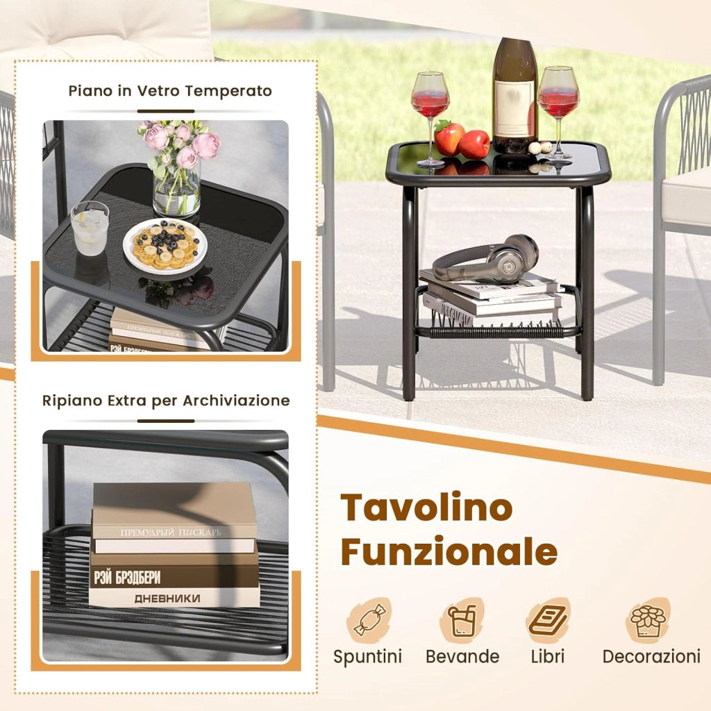 3 Pezzi Set di Mobili da Esterno in Rattan PE, con Tavolino in Vetro Temperato, Cuscini per Schienale e Seduta, Set da Conversazione per Giardino, Veranda, Cortile e Piscina, Beige e Nero