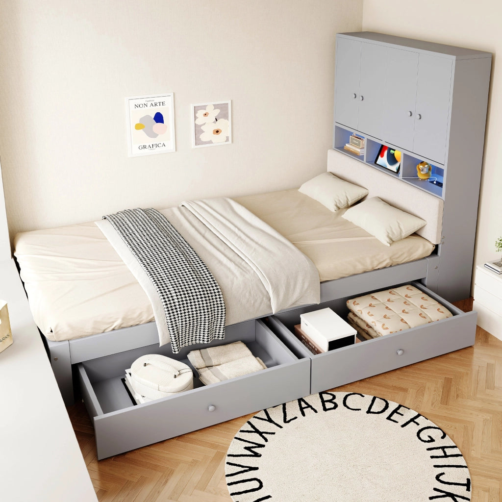 Letto singolo per bambini 90x200 cm con testiera imbottita; vani; LED; presa elettrica; cassetto e rete; legno grigio