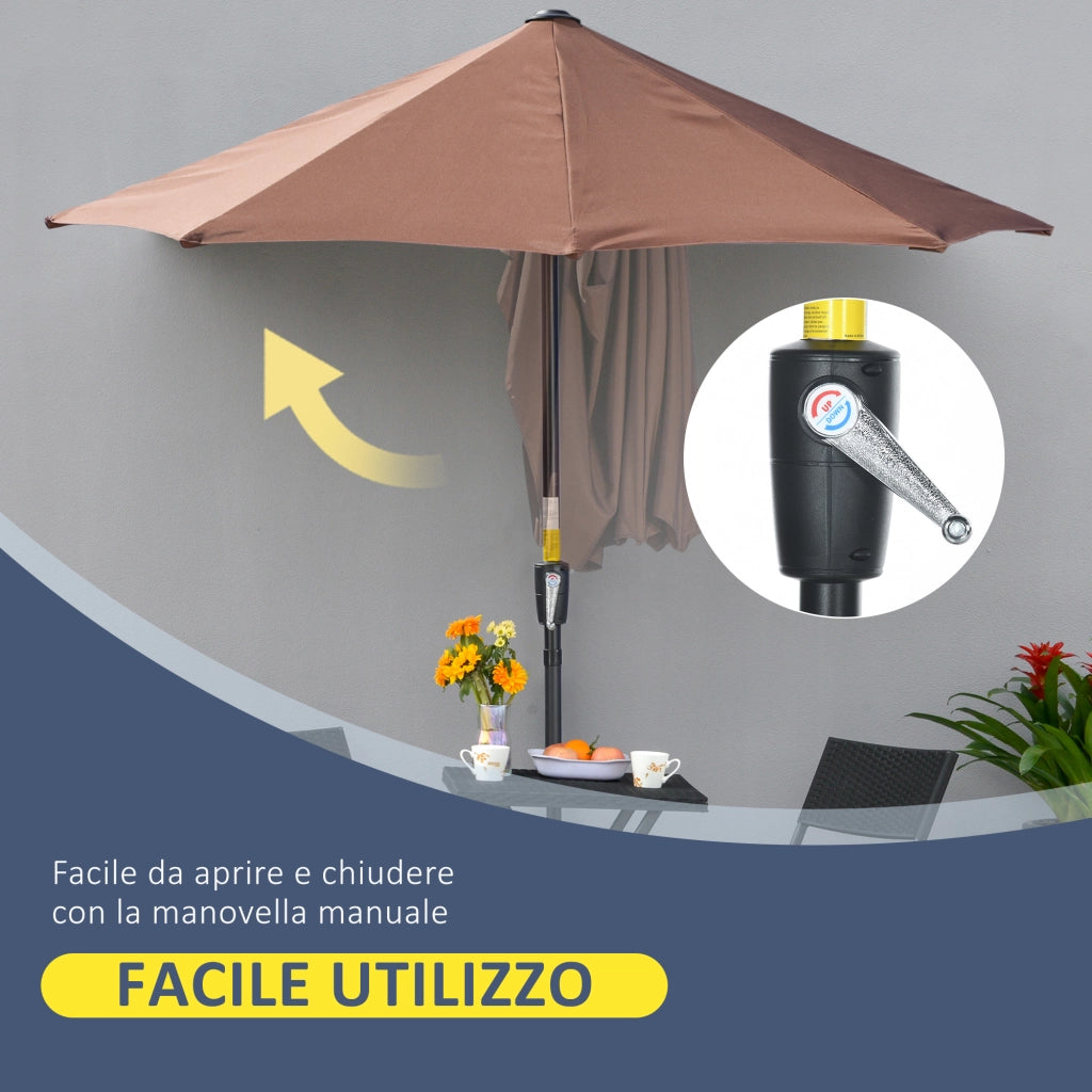 Ombrellone a Mezzaluna Doppio 2x2 m con Apertura a Manovella e Supporto a Croce in Acciaio e Poliestere Caffè