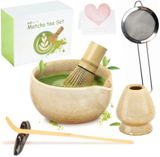 Set di Matcha Premium a 7 pezzi - Ciotola di Matcha in ceramica - Spatola di Matcha in bambù - Cucchiaio di Matcha - Setaccio di Matcha - Sicuro per alimenti - Set di tè