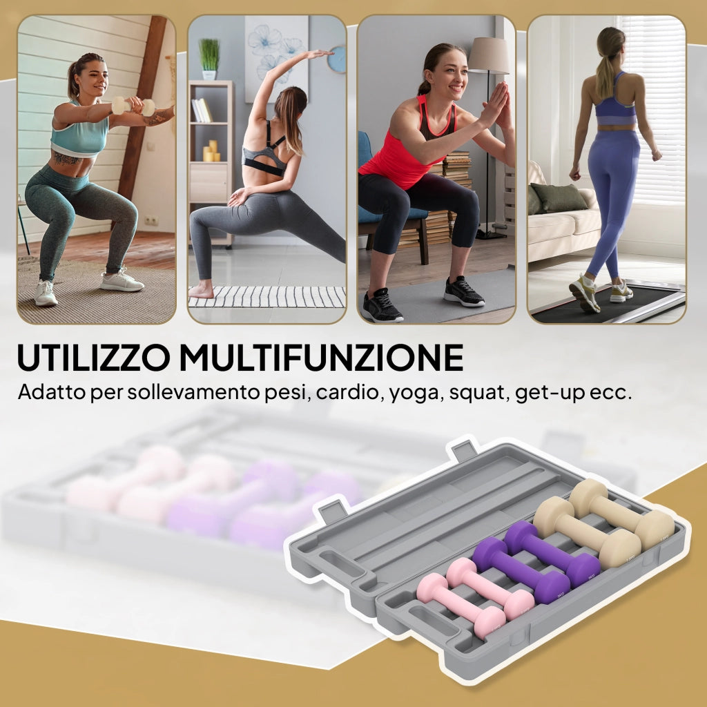 Set di Manubri Pesi Fitness da 6 kg con Impugnatura Antiscivolo e Valigetta, Multicolore
