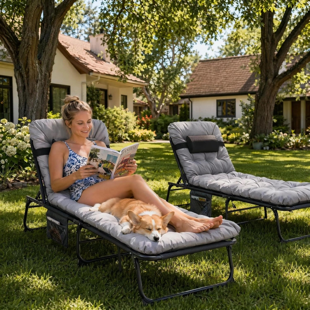 Set di 2 lettini XL pieghevoli con cuscino impermeabile, ampia sdraio pieghevole con schienale regolabile, cuscino laterale, 190 x 68 x 31 cm, grande sdraio da giardino per balcone fino a 150