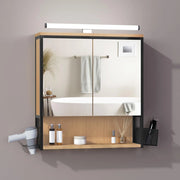 Specchio da Bagno con Contenitore e Luci, Pensile da Bagno con 2 Ante, 1 Scomparto Aperto e 2 Vani Chiusi, Ripiano Interno Regolabile, Nero + Rovere Chiaro, 56x14,5x60 cm