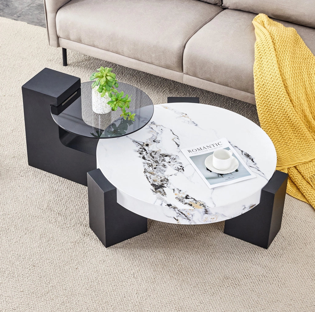 Tavolino da salotto rotondo a due livelli con piano effetto marmo; bianco e nero; MDF e vetro