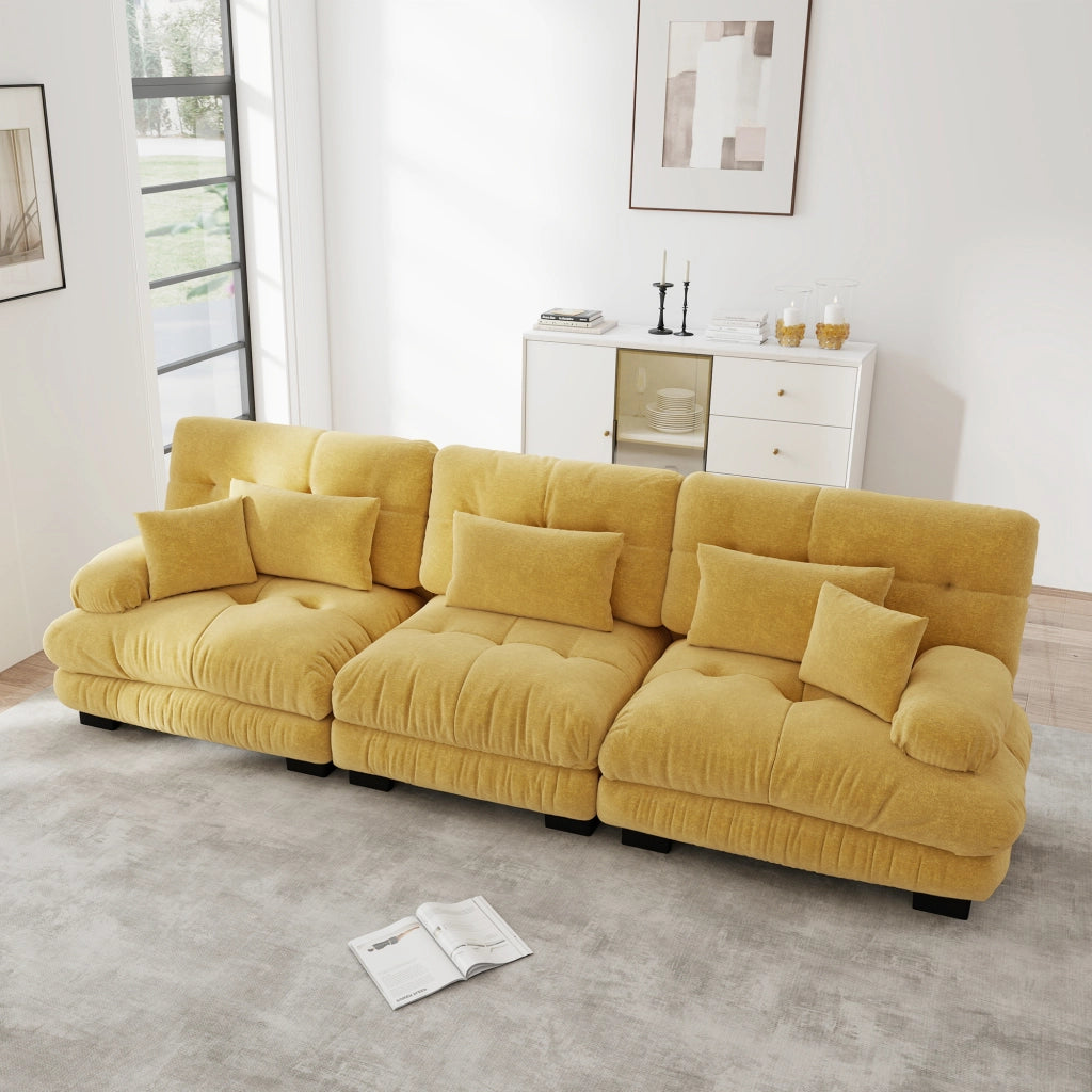 Divano angolare modulare a 3 posti con seduta profonda e cuscini in chenille gialla 313.0 × 77.0 × 81.0 cm