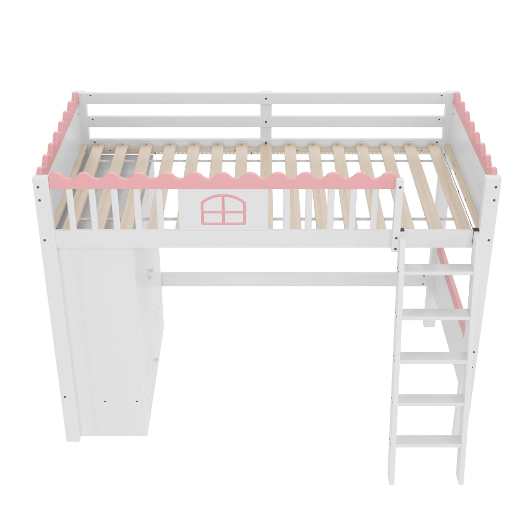 Letto a Soppalco con LED e Armadio ¨C MINIMAL ¨C Pino Massello, Bianco, 90x200