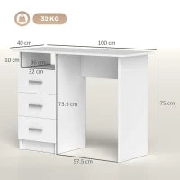 Scrivania Moderna in Legno con 3 Cassetti e Ripiano Aperto, 100x40x75 cm, Bianca e Marrone