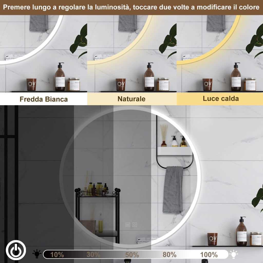 AICA Specchio da bagno 70 x 70 cm, 3 colori, antiappannamento, dimmerabile, interruttore touch, Funzione Memoria