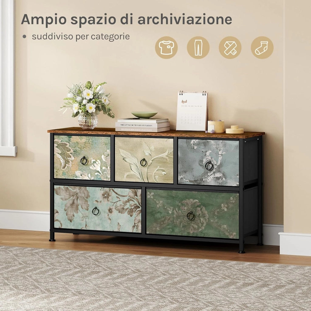 Cassettiera, 5 Cassetti per Camera da Letto/Corridoio/Soggiorno, Marrone Rustico e Nero con Motivo Fiore retrò, Struttura in Metallo, 100x30x54cm, SSK005pw
