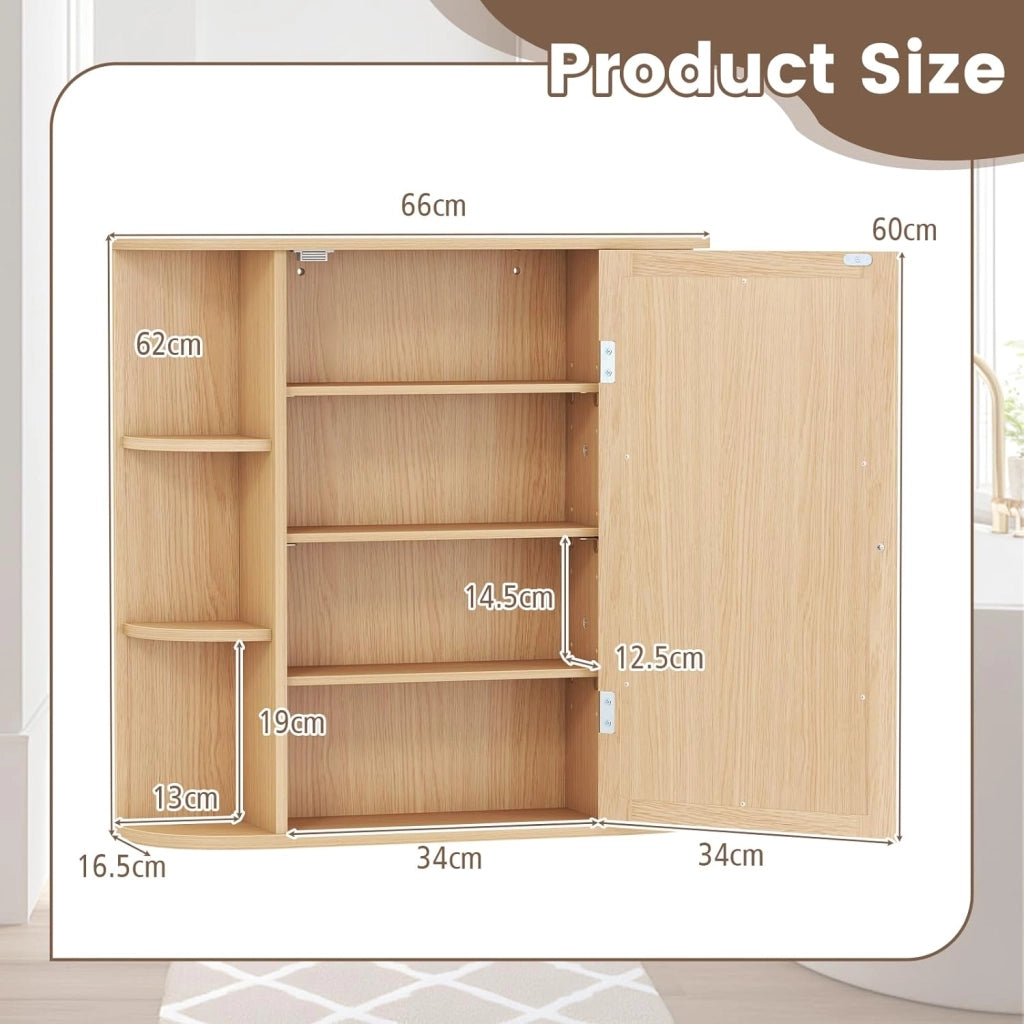 Armadietto Bagno a Parete, Mobiletto Pensile in Legno con Ante di Specchio, 6 Scomparti Laterali e 4 Ripiani di Stoccaggio, 3 Colori Disponibili, 65x17x64cm (Naturale)