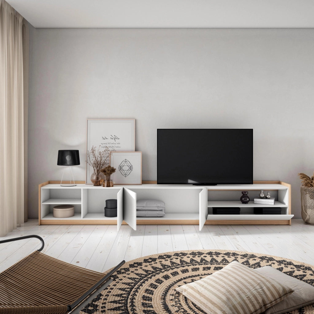 Mobile TV Soggiorno, 310x50x37 cm, Per TV fino a 80", Mobile Soggiorno, Bianco e Rovere soft