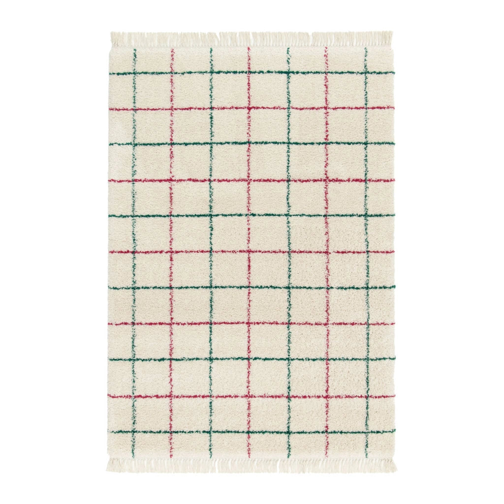 Tappeto interno shaggy motivo a griglia multicolore con frange