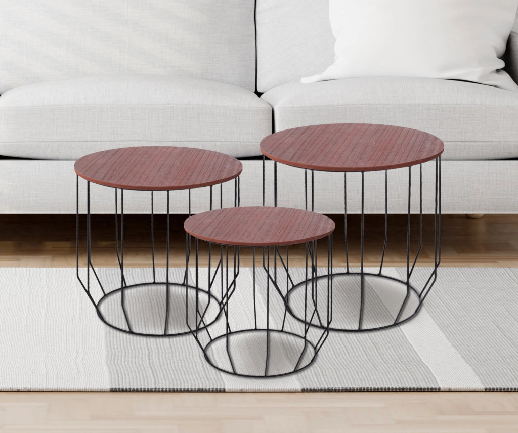 Set 3 Tavolini Da Salotto Sovrapponibili Rotondi Design Moderno Tavolino Da Caffè Estraibili Mobile Soggiorno Tavolo Divano Top In Legno Struttura In Acciaio Stile Industrial Vano Porta Oggetti  - Marrone - Modello 2