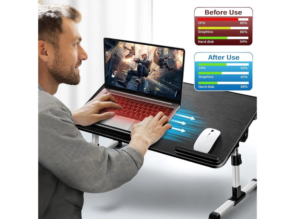 Tavolino per PC Regolabile in Altezza Pieghevole con Ventola PC Cassettiera Tavolo per Letto Divano Pavimento 53x30cm