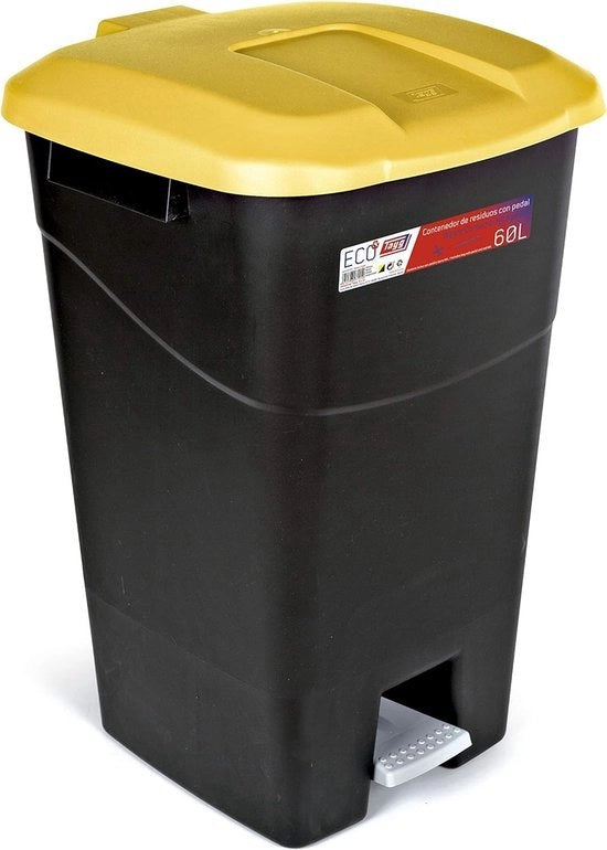 Contenitore di rifiuti da 60 litri con pedale, fondo nero e coperchio giallo, plastico