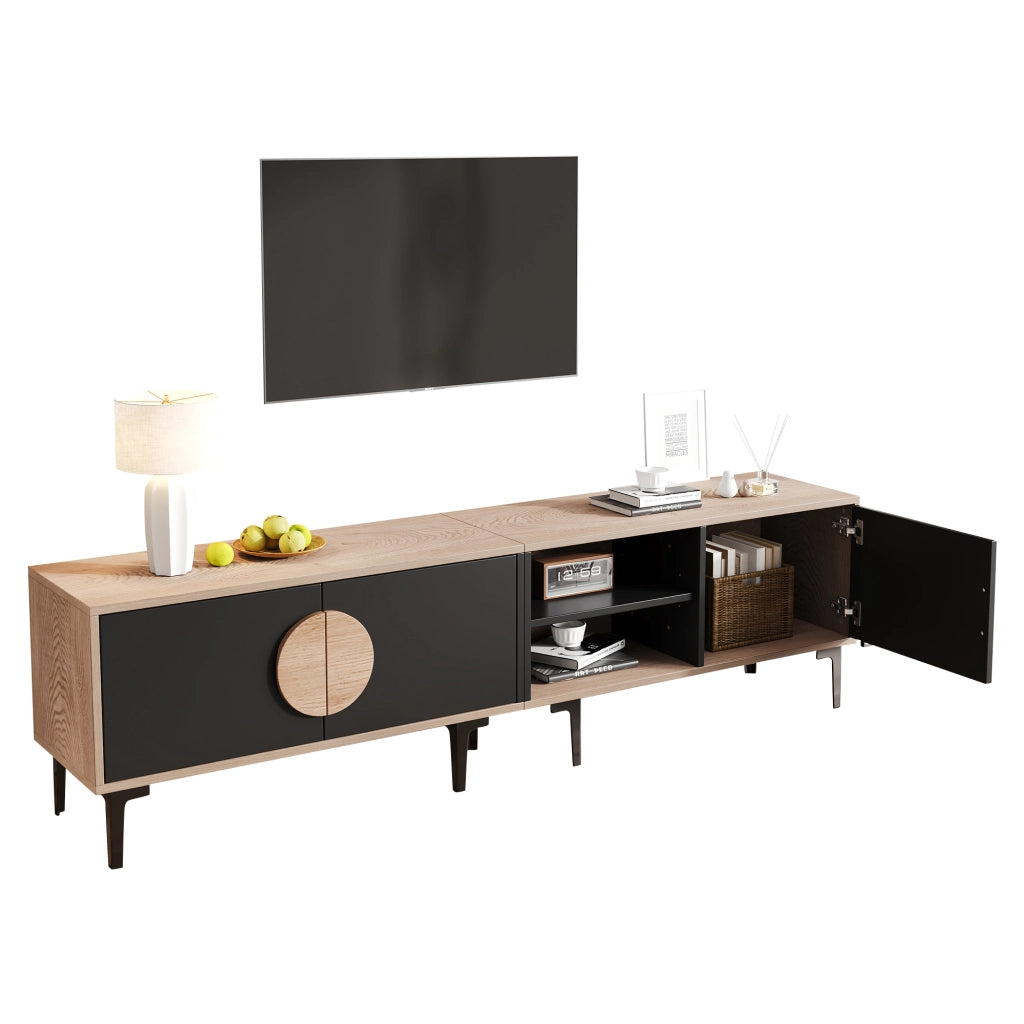 Mobile TV basso - Zephmum- 180x35x49cm, 2 ante, scaffali aperti, colore legno e nero, adatto per TV 80 pollici