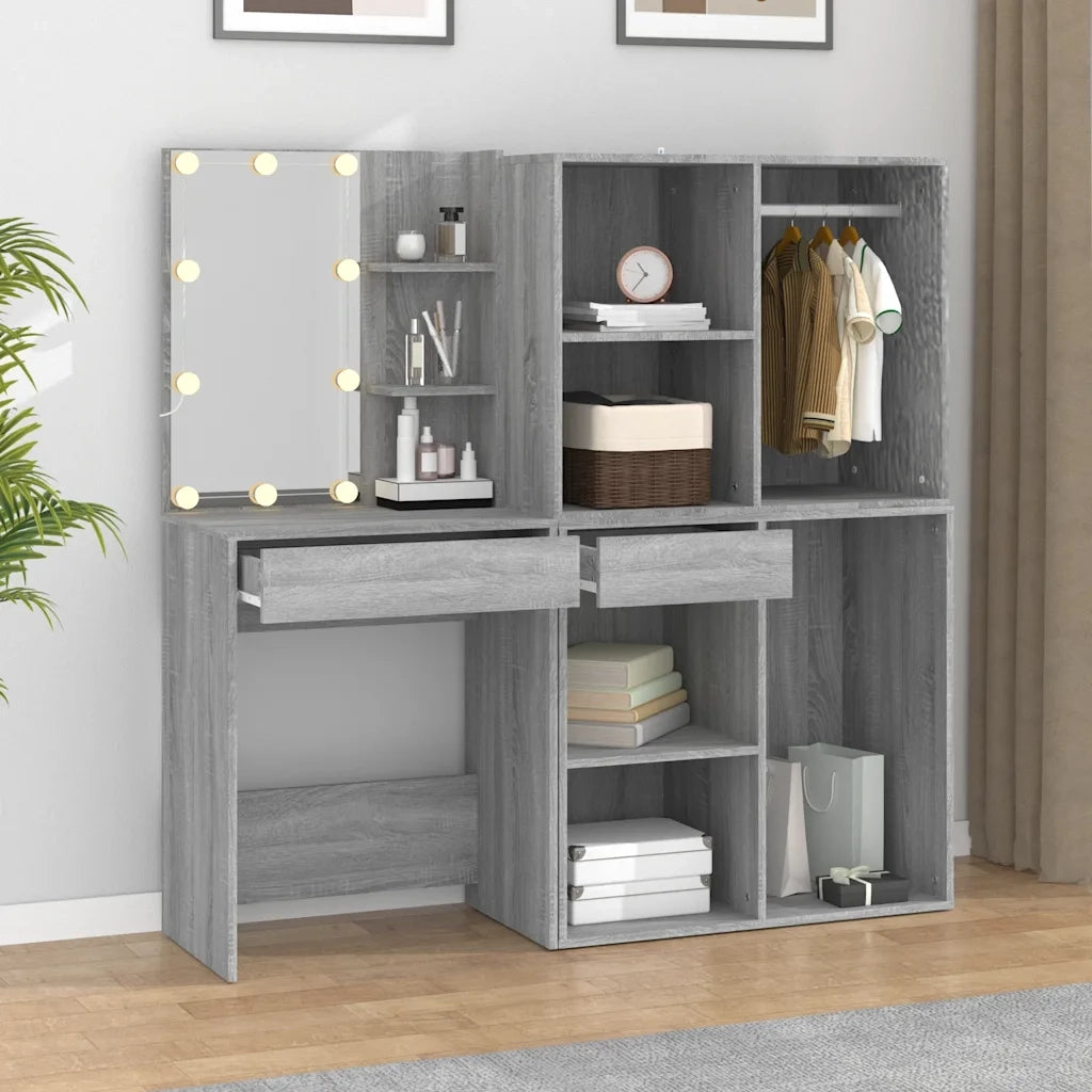 Toeletta | Tavolo da Trucco con LED e Armadietti Grigio Sonoma Legno Multistrato