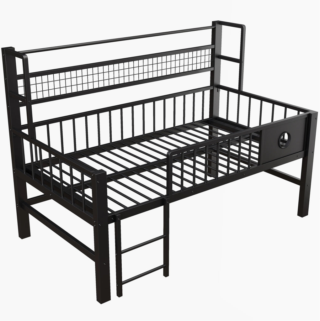 Letto a soppalco basso per bambini 90x200 cm con struttura in metallo; ripiani e barra appendiabiti; nero