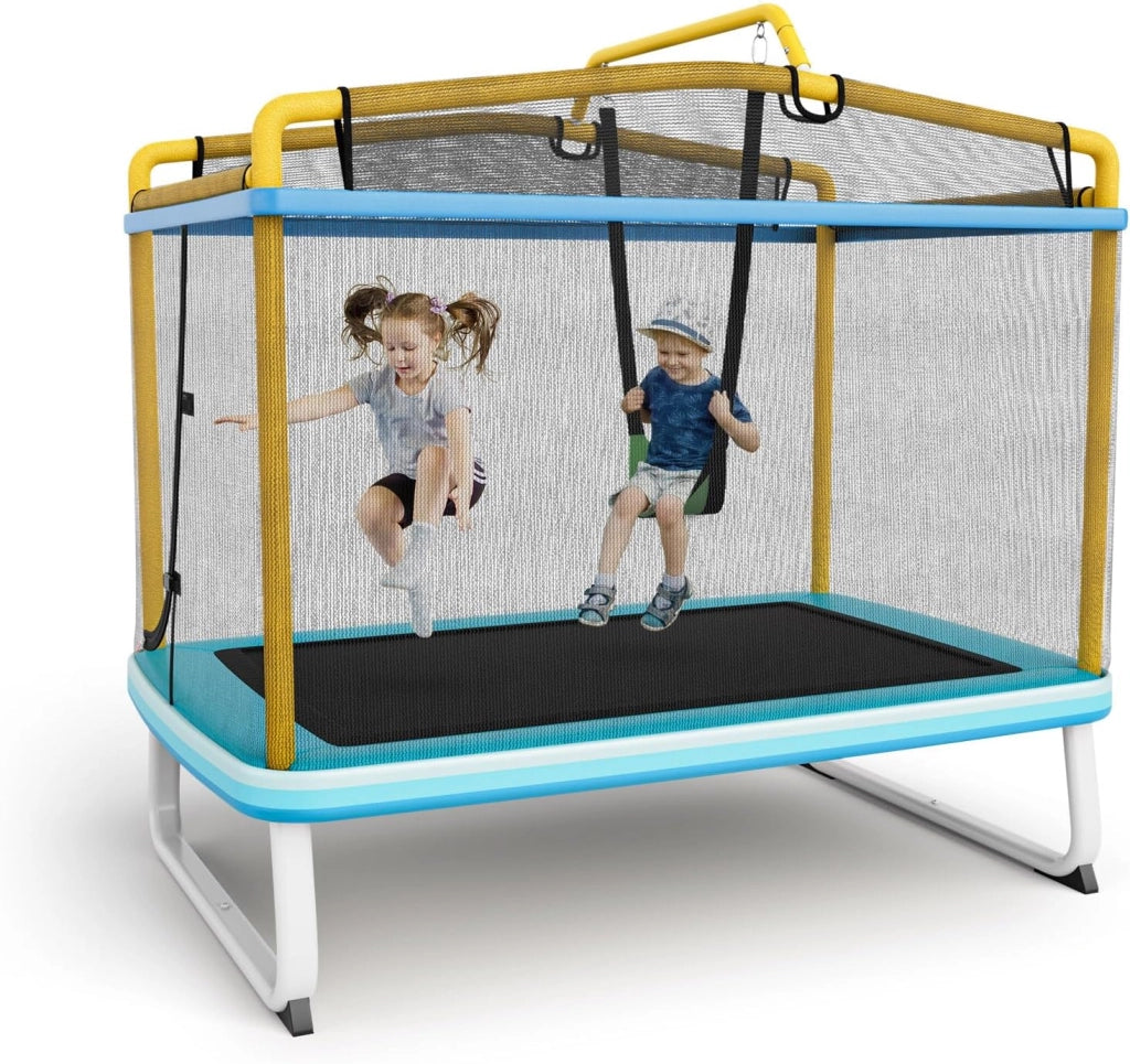 Trampolino per Bambini 3-8 Anni, Tappeto Elastico Bambini 3 in 1 con Altalena Rimovibile e Barra Orizzontale, Saltarello da Esterno e Interno, Portato 110 kg, 190 x 124 x 172 cm