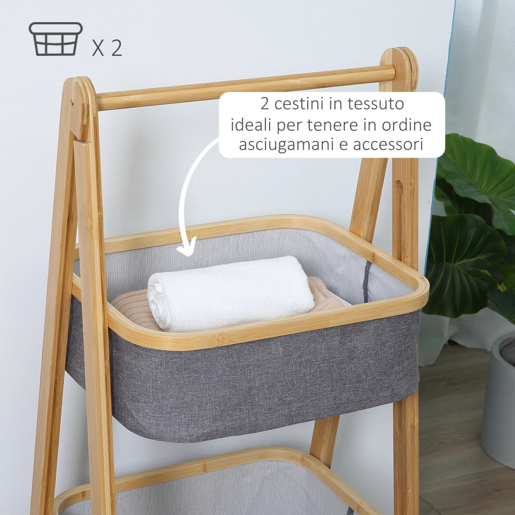Easycomfort Mobile Bagno Pieghevole in Bambù con 2 Cassetti in Tessuto Poliestere Grigio, 45x35x98cm