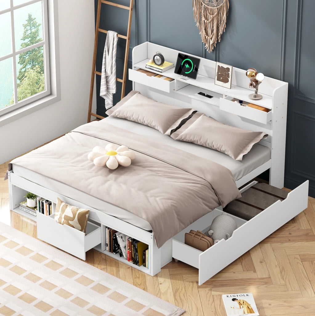 Letto matrimoniale 140x200 cm con USB; Type-C; cassetti e vani contenitore; bianco
