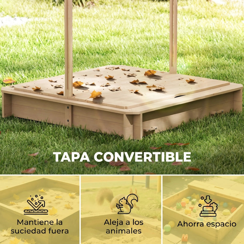 Sabbiera per bambini con tettoia regolabile e panchine - Xylo - Legno naturale 106x106x115 cm