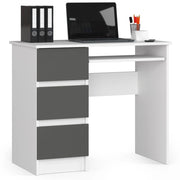 Scrivania per computer AKORD A6 Bianco 90 cm 3 cassetti inserto frontale Grigio Grafite 90x50x77 cm Modello a sinistra