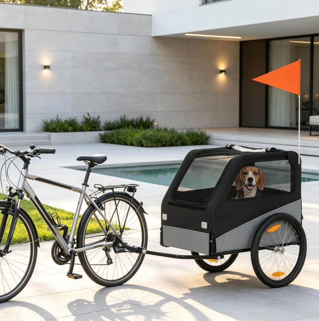 Rimorchio per bici per cane 20" nero e grigio， pieghevole， per cane medio