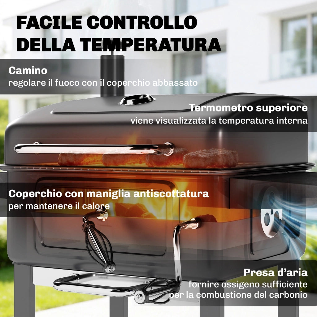 Barbecue a Carbone, Griglia Smoker con Ruote per Uso Esterno, Nero