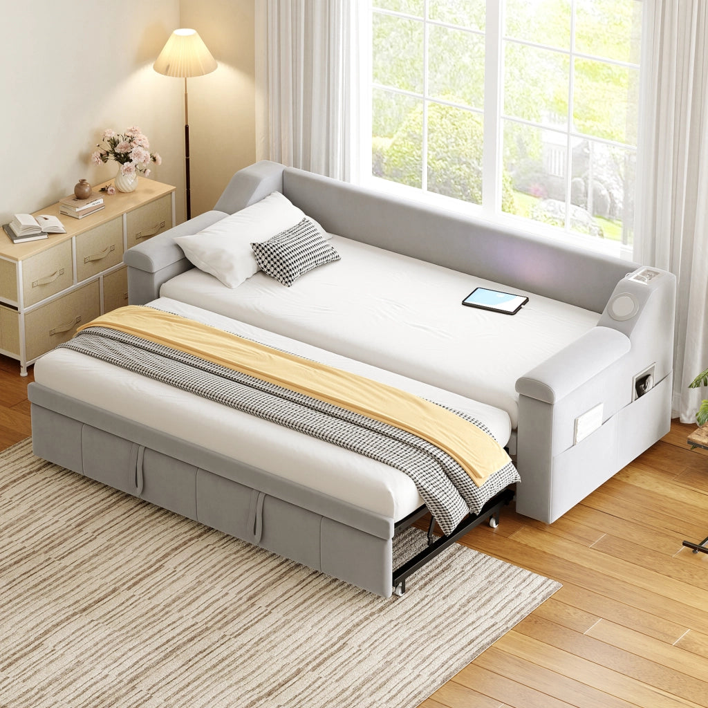 Divano letto imbottito convertibile 90/180x190 cm con Bluetooth, porte USB, vani portaoggetti e rete a doghe, grigio chiaro