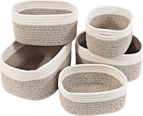 Set di contenitori in cotone, 5 pezzi, cestini intrecciati, contenitori per la stanza dei bambini, contenitori per la stanza da bagno, contenitore in cotone per la stanza dei bambini, bianco e sabbia.
