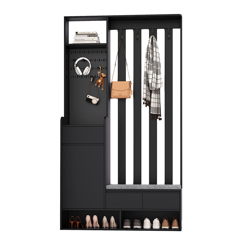 Portaabiti con panca imbottita - Xylo - H180/L100/P35 cm - Nero - Multifunzionale con porta scarpe e lavagna