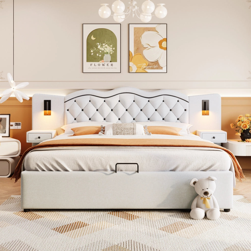 LETTO Imbottito 180x200 cm Beige in lino e MDF con testiera integrata