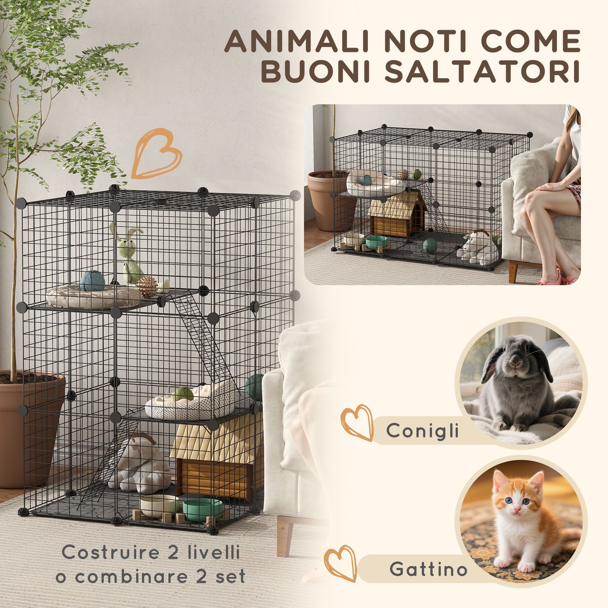 Gabbia Modulare per Conigli e Porcellini d'India Multilivello con 3 Porte e Fili d'Acciaio Nero