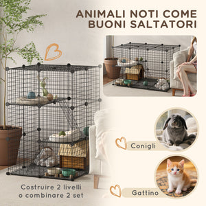 Gabbia Modulare per Conigli e Porcellini d'India Multilivello con 3 Porte e Fili d'Acciaio Nero