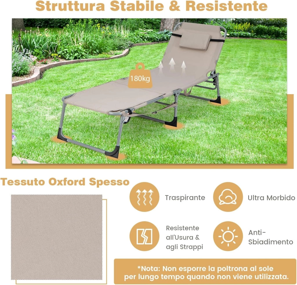 Lettino Prendisole Pieghevole Portatile, Lettino da Spiaggia con Fori per Viso e Braccia, Cuscino Poggiatesta e Tasca, Schienale Regolabile, per Mare e Piscina, Portata 180 kg (Grigio)