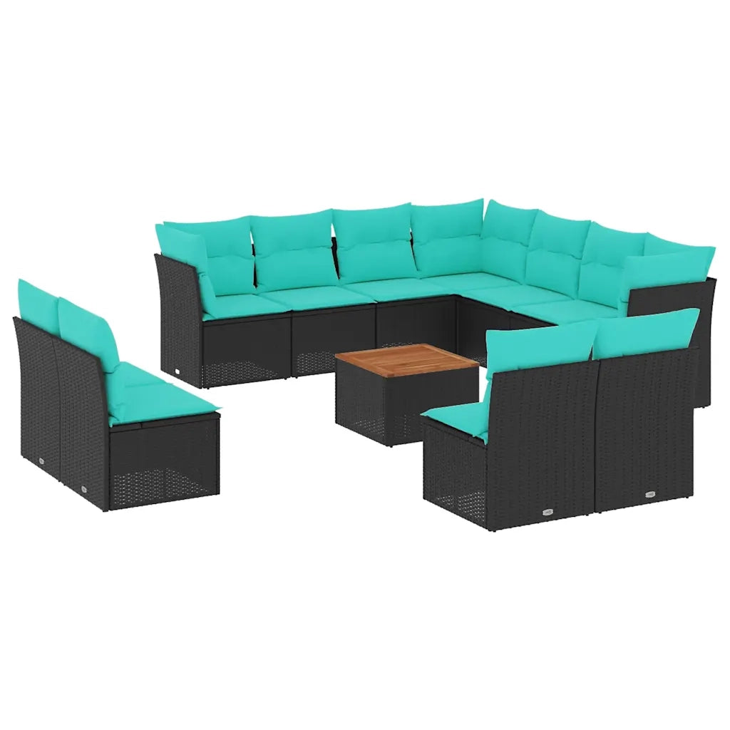Set Divani da Giardino 12pz con Cuscini Nero in Polyrattan