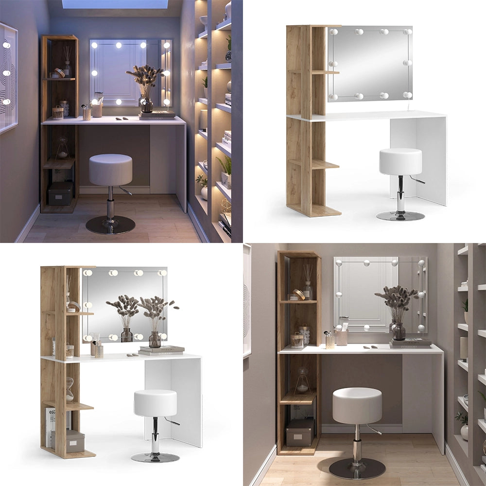 Vicco Tavolo da toilette Bianco/Sonoma 122.2 cm con illuminazione e sgabello