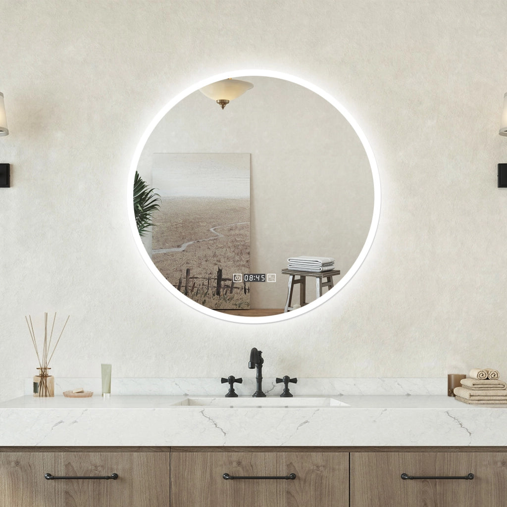Specchio bagno Tondo 60cm Led Con 3 Luci + Orologio + Antiappannamento