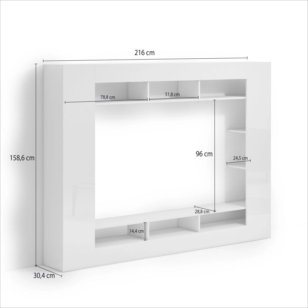 Sadali, Parete Attrezzata 7 Ripiani, 216x30.4x158.6h cm Bianco Lucido